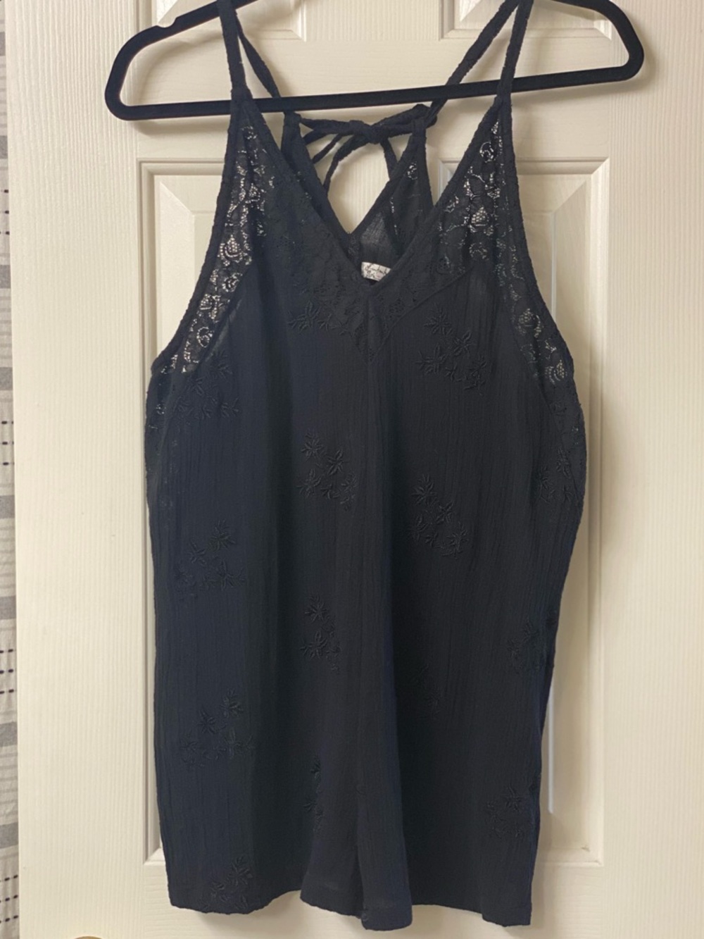 Free People Intimately Black Lace-Trim Embroidered Tie Back Strap Romper Size XS